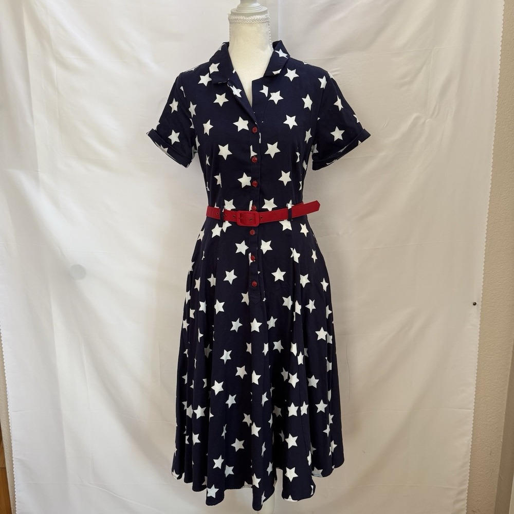 Collectif London Fit & Flare Dress Sz US 6 Pinup Retro July 4 Belted Button